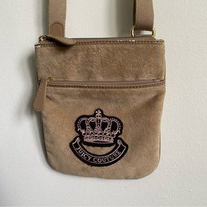 VINTAGE Juicy Couture Velour Y2K Barbiecore Crown Logo Crossbody Bag  Beige Tan